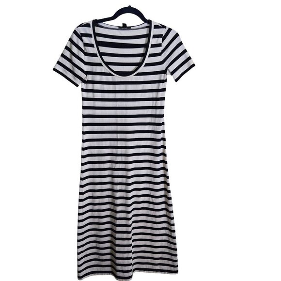 J. Crew Knit Navy Striped Midi Dress Spring 2022 Sustainable Cotton Size XXS - Picture 2 of 7